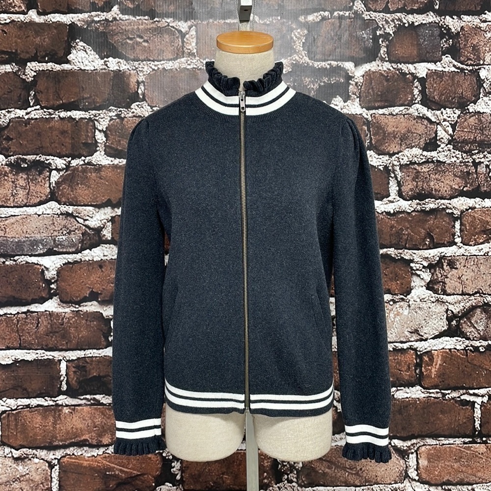Treasure & Bond Sweater Cardigan Grey Ruffle Collar Zip Up Size Medium